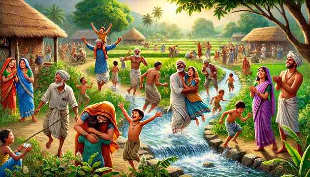 A joyful village scene with villagers celebrating the return of water and greenery to their land.