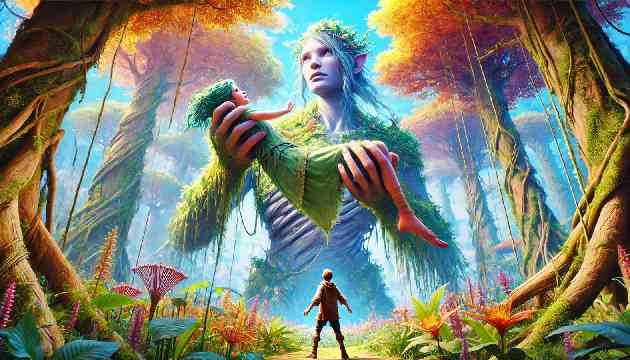 Island of Giants: Liam being held by a giantess, Brigid, with a backdrop of enormous trees and giant-sized plants. The scene is vibrant with detailed textures and bright colors.