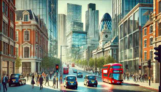 A bustling street in London with modern skyscrapers.