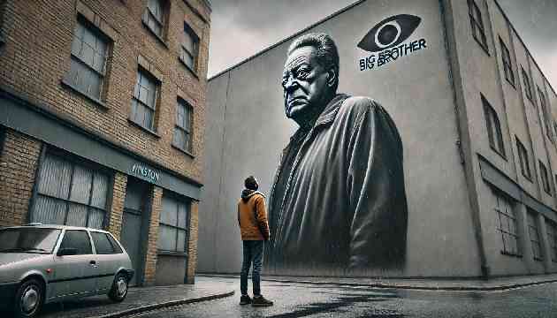 Winston looking up at a giant poster of Big Brother with a defeated expression, standing alone on a bleak street.