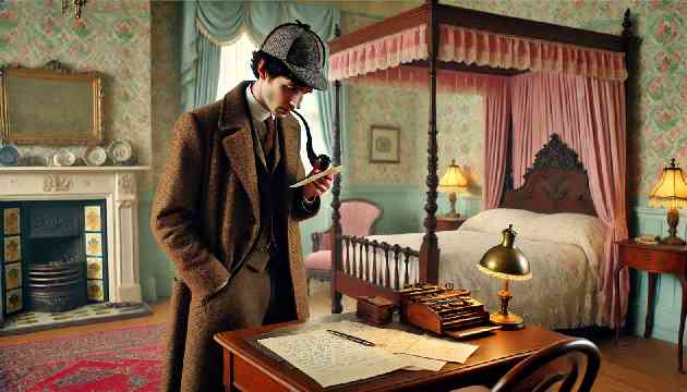 Sherlock Holmes examining a half-written letter on a desk in a neat, feminine bedroom.
