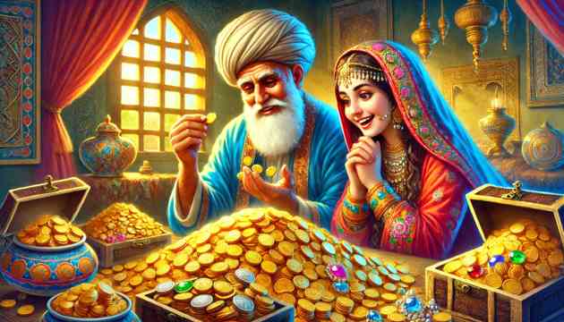 Ali Baba and his wife counting the treasure at home.