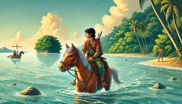 Moti riding on Kavi’s back towards the distant island, with Moti looking determined and Kavi worried.