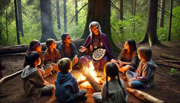 Aiyanna teaching young villagers about Anishinaabe traditions and spirituality.