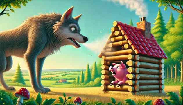 The wolf blowing down the stick house of the second little pig.