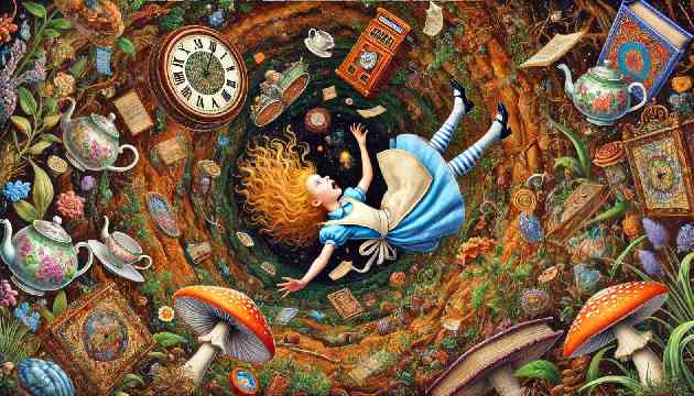 Alice falling down a rabbit hole surrounded by floating objects like books, teacups, and clocks in a swirling tunnel.