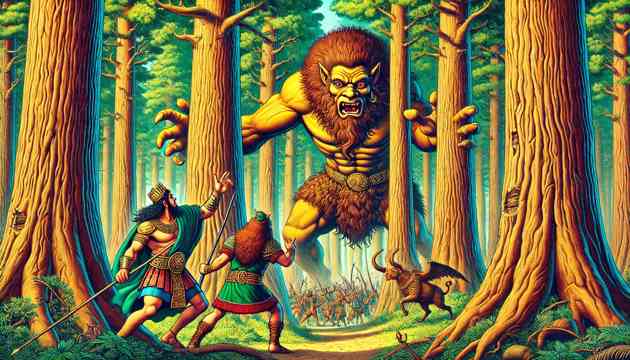 Gilgamesh and Enkidu confronting the demon Humbaba in the Cedar Forest. The forest is dense with towering cedar trees, and Humbaba is depicted as a fearsome creature.