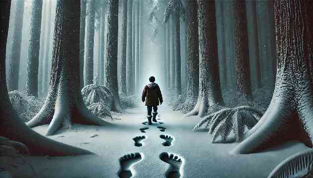 Awan walking through a snow-covered forest, following large, mysterious footprints.