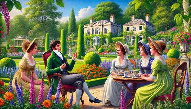 Mr. Wickham charmingly conversing with the Bennet sisters in a garden.
