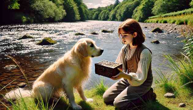 Clara finding the intricately carved wooden box by the riverbank, with Max by her side.