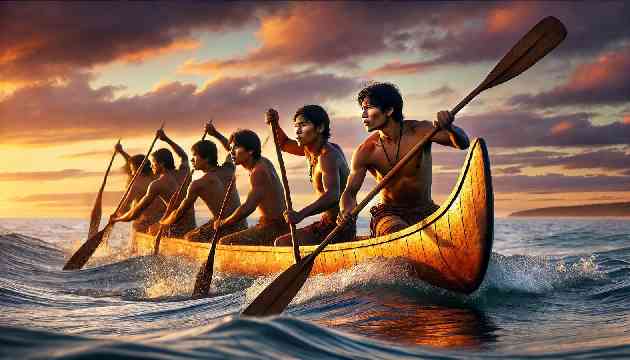 Young Wampanoag men paddling their canoes into the ocean.