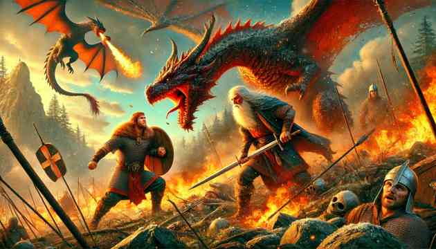 Beowulf and Wiglaf fighting the dragon in a fierce battle. The landscape is rugged with fiery debris and smoke.