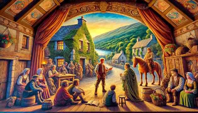 Conclusion Image: Liam returning to his village in Killarney, sharing his stories with the villagers. The scene is vibrant with detailed textures, showing a warm, welcoming atmosphere in the picturesque village.