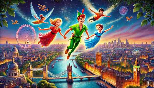 The Darling children flying over London with Peter Pan towards Neverland.