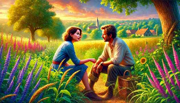 Winston and Julia meeting secretly in a lush, green countryside, away from the city.