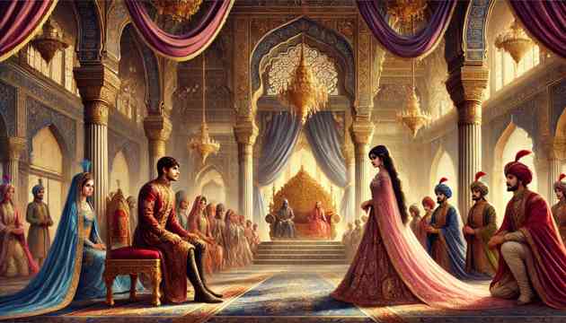 Aladdin meeting Princess Jasmine in the Sultan