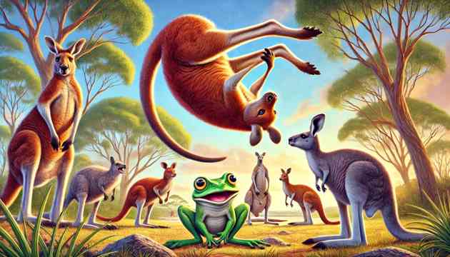 The kangaroo performing flips and jumps to amuse Tiddalik.