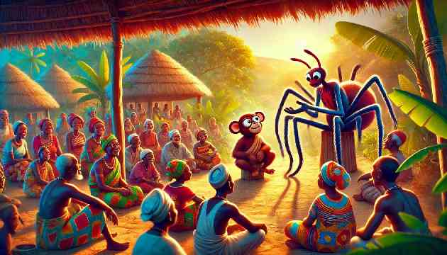 Anansi and the wise monkey Osebo telling stories to villagers in a lively Ghanaian village.