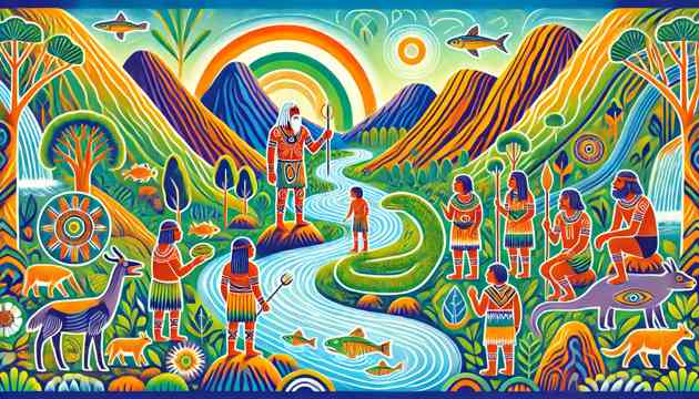 The first people created by the Rainbow Serpent, learning to live in harmony with the land by rivers and mountains.