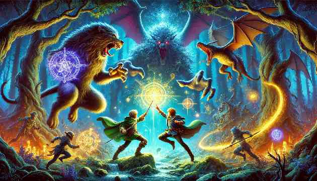 Quest for the Enchanted Emerald: Liam battling the sorcerer in the Dark Forest, surrounded by enchanted beasts and mystical light. The scene is vibrant with detailed textures, depicting the intense battle, magical elements, and dark forest setting.