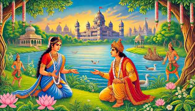 King Shantanu meets Satyavati by the river.
