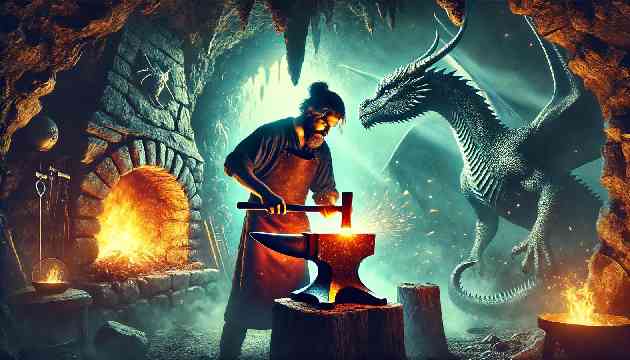 A blacksmith forging a glowing blade in a mystical cave, with a dragon watching over him.