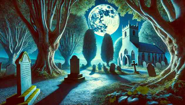 A secluded churchyard with a gravestone under a full moon.