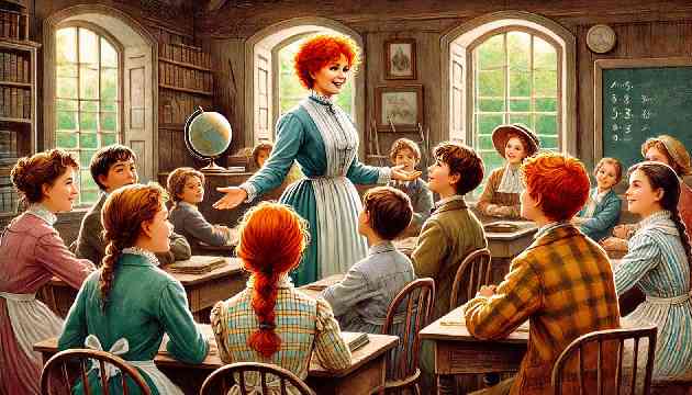  Anne Shirley teaching a lively class of students in Avonlea, engaging them with her imaginative methods.