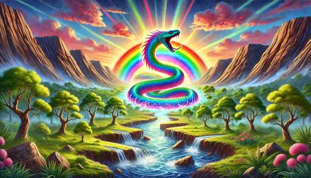 The Rainbow Serpent awakening and emerging from the earth, creating rivers and valleys in an ancient Australian landscape.
