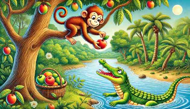 Moti the monkey tossing a mango to Kavi the crocodile, sharing fruits by the river.