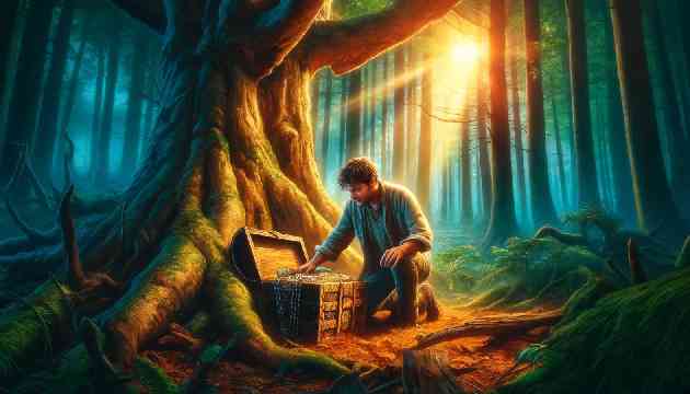 Thomas finding the ancient chest beneath the oak tree in the woods.