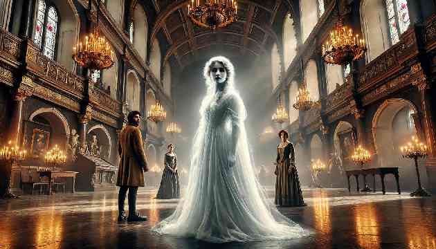 The ghostly figure of Lady Isabella appearing in the grand hall of Dublin Castle.