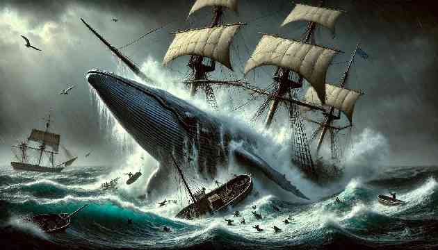 Moby Dick, the Great White Whale, striking the whaling ship Pequod.