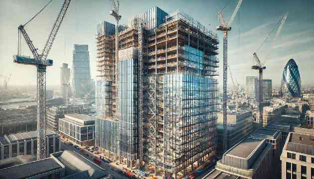 A modern skyscraper under construction in London.