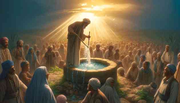  Villagers gathered around a well at dawn, water flowing abundantly as Al-Khidr dips his staff into it, with the first rays of the sun kissing the earth.