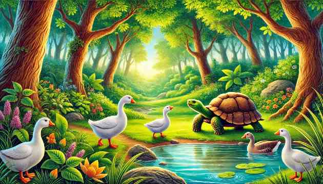  Tanu the tortoise talking to two geese by a pond in a lush, vibrant forest.