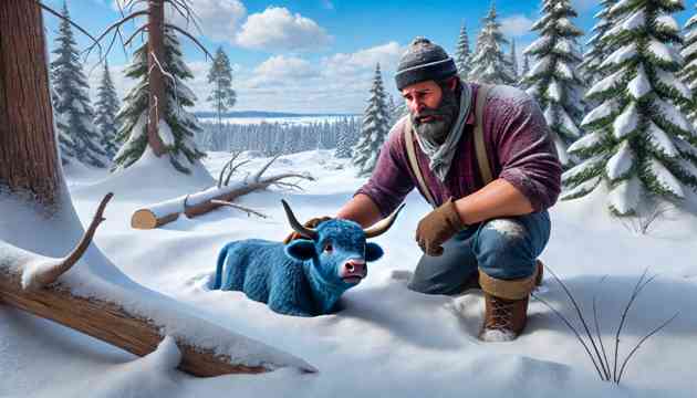 Paul Bunyan discovering Babe the Blue Ox in the snow.