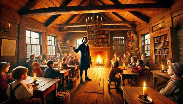 Ichabod Crane teaching local children inside a cozy, dimly lit schoolhouse.