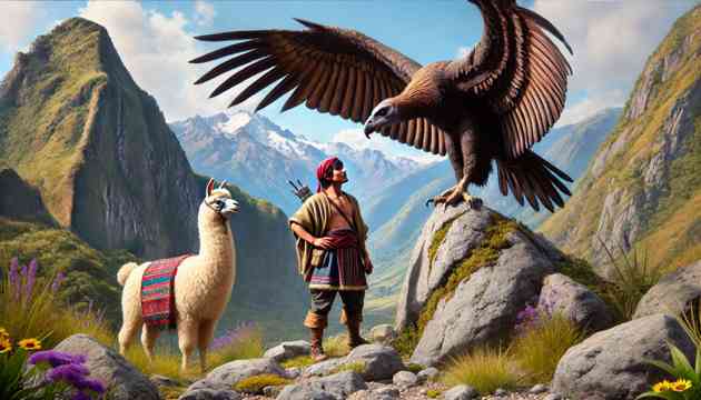 Tupac encounters the condor on a rocky outcrop in the Andes.