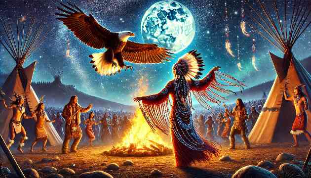 Star Feather and Eagle Claw dancing under the starlit sky at the celebration.