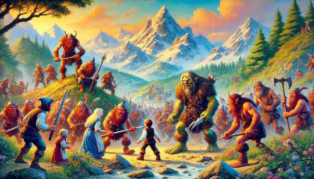 The Enchanted Mountain: Liam meeting the mountain folk and helping them battle the trolls. The scene is vibrant with detailed textures, showing the rugged mountain landscape and the conflict with the trolls.