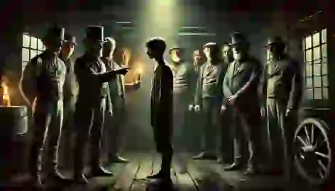 Plantation owners gather in a dimly lit room, pointing at a young worker chosen as the sacrifice.