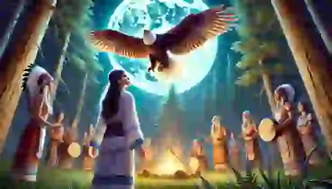 Aiyanna receiving a vision of a great eagle during the Harvest Moon ceremony.