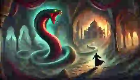 The Sultan, transformed into a serpent by the curse, flees into a dark underground tunnel.