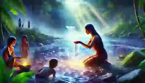 Ana kneels by the glowing water, offering her brother