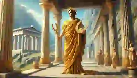 Apollo at Delphi, holding his lyre, establishing the Oracle in a sunlit temple.