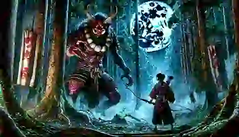 Haruto faces the towering Oni in a dense forest, aiming his bow with courage and determination.