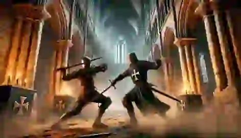 Geoffrey de Charney battling the leader of the Black Cross beneath the Cathedral of Chartres.