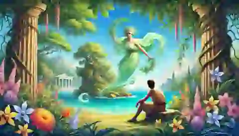 Odysseus being held captive by the nymph Calypso on the island of Ogygia, surrounded by lush greenery.