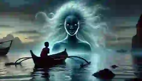 Ndongo, a fisherman, sees the sea goddess Kianda rising from the ocean at dusk, glowing with mystical light.